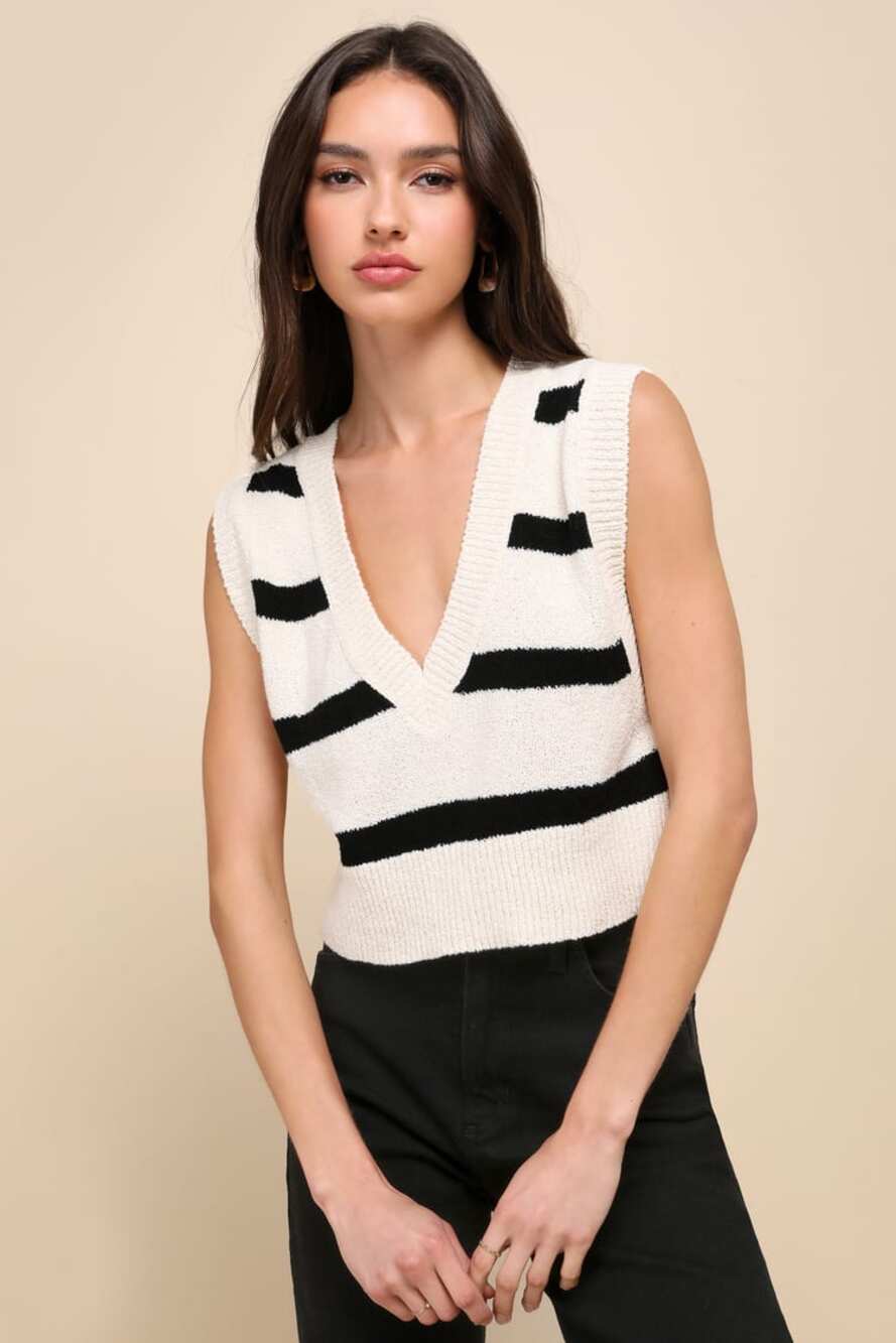 Free People Santa Monica Black and White Striped Knit Sweater Vest